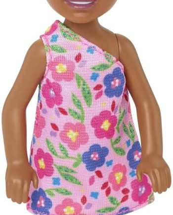 (Brunette Curly Hair) Wearing One-Shoulder Flower-Print Dress and Pink Shoes, Toy for Kids Ages 3 Years Old & Up