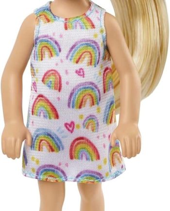 (Blonde) Wearing Rainbow-Print Dress and Yellow Shoes, Toy for Kids Ages 3 Years Old & Up