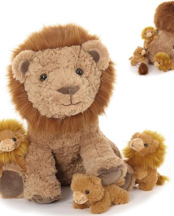 Lion Stuffed Animal Set - 17.7-Inch Lion with 3 Cute Baby Lions Plush Animal, Backpack Design for Storing Small Lions, Stuffed Lion for Kids on Birthday,Christmas or Baby Shower